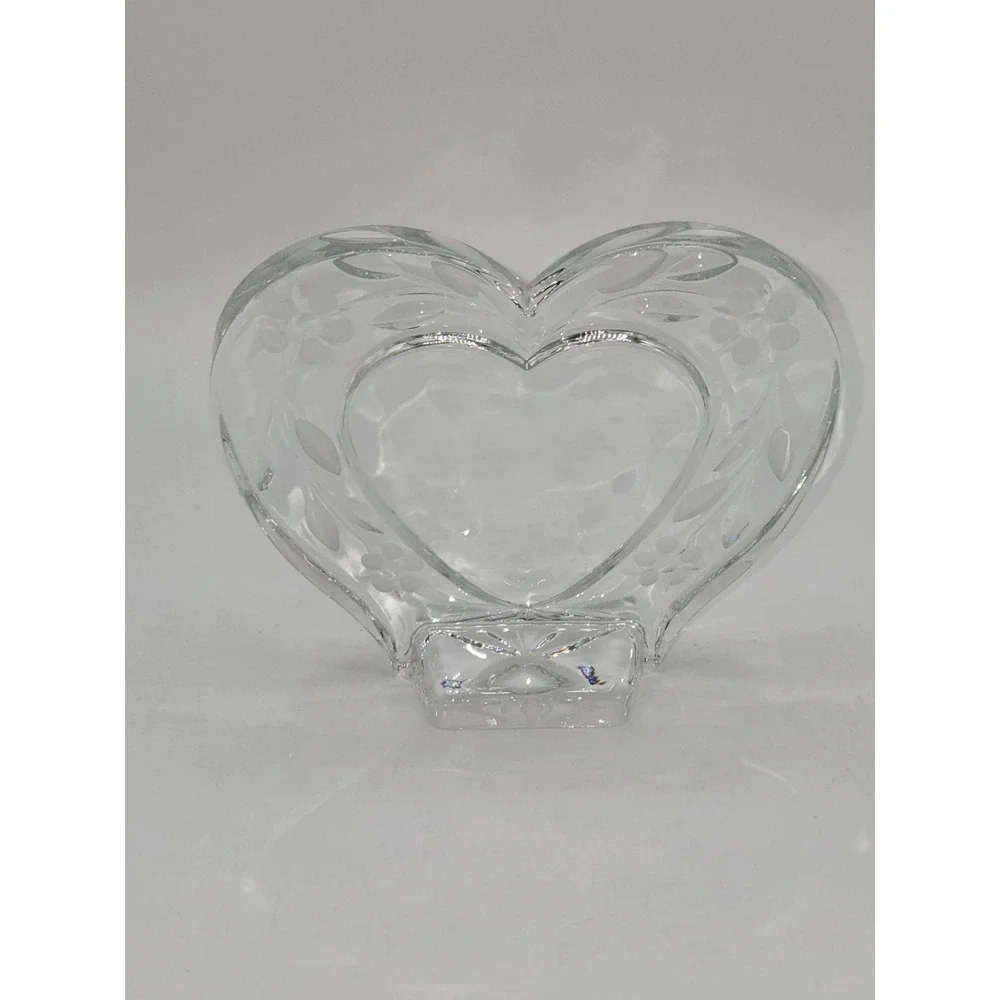Vintage Crystal Heart Picture Frame Etched Floral Glass Freestanding Photo Frame